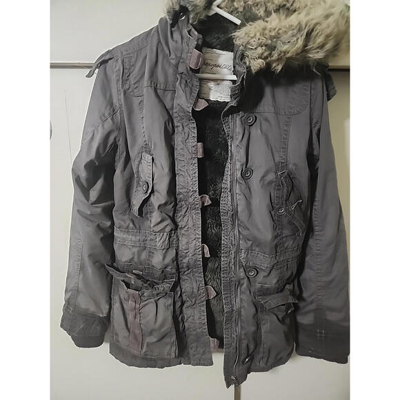Aeropostale GrayAnd Faux Fur Hooded Jacket Womens Coat Size M. RIP ON INSIDE ARM - Picture 1 of 15